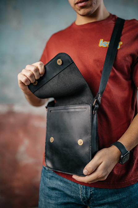 Мужская барсетка с клапаном, черная сумка через плечо из натуральной кожи, классический мессенджерMasterSem Киев - изображение 5