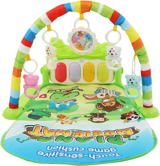 Ігровий дитячий килимок із музичним піаніно, підвісними іграшками, принт тварини зеленого кольору Кам'янець-Подільський - фото 12