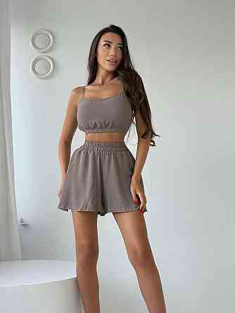 Женский летний прогулочный оверсайз костюм тройка: рубашка топ и шорты американский креп жатка Мокко Одесса