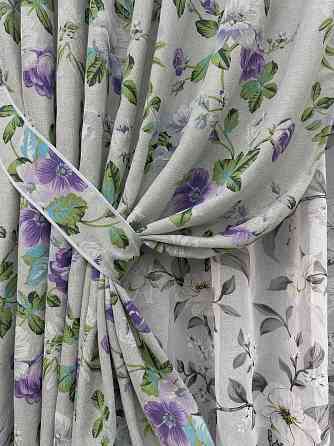 Комплект штор VR-Textil Лен Прованс 150х270 2шт и Тюль 600х270 2084ш-1681т Светло-серый с фиолетовым и белым 71-208/5 Киев