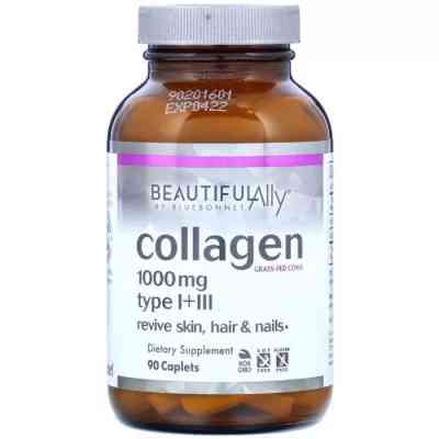Витаминно-минеральный комплекс Bluebonnet Nutrition Коллаген 1000 мг, Beautiful Ally, Collagen Type I + III, 90 капсул (BLB1516) Винница