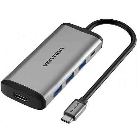 Хаб адаптер перехідник Vention Type-C - HDMI + USB3.0*3 + PD конвертер 15 см, колір металево сірий CNBHB Одеса