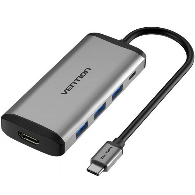 Хаб адаптер перехідник Vention Type-C - HDMI + USB3.0*3 + PD конвертер 15 см, колір металево сірий CNBHB Одеса - фото 1