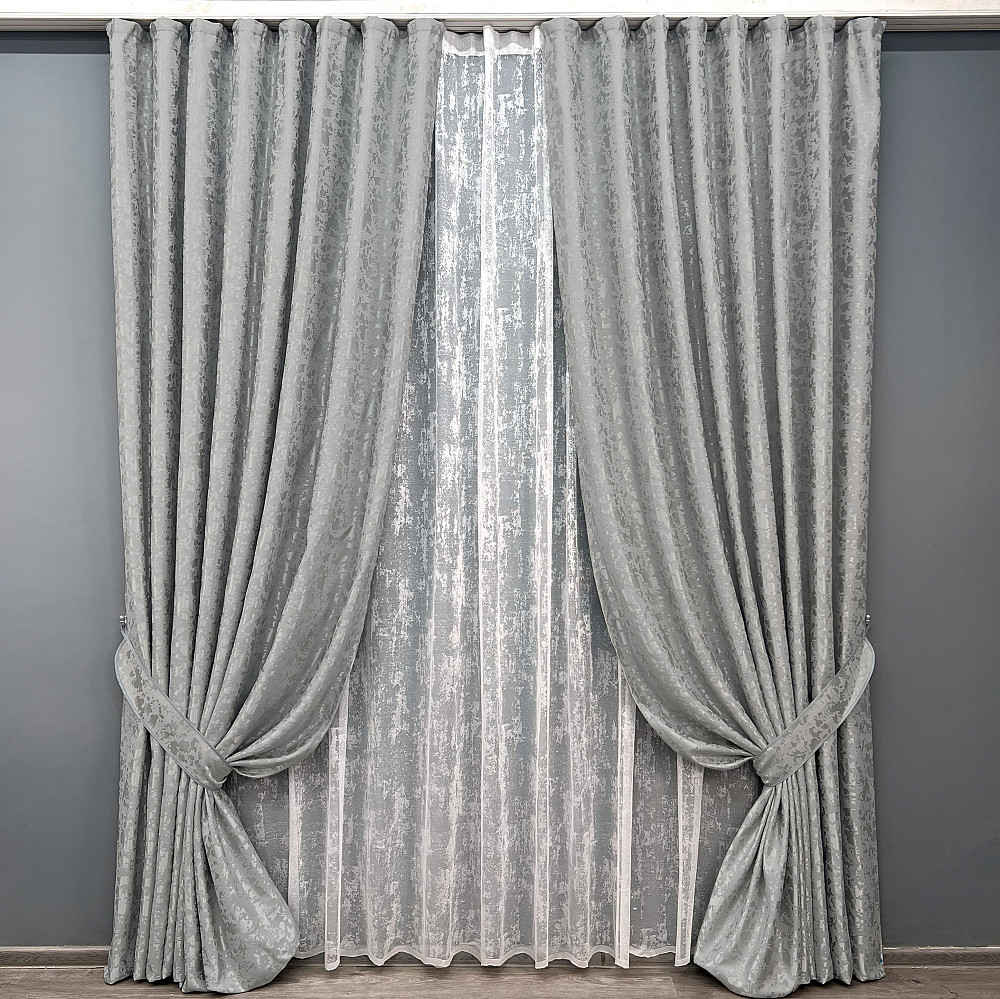 Комплект штор VR-Textil Льон Мармур 100х270 2шт і Тюль 300х270 1263ш-1400т Світло-сірий з білим 71-133/1 Київ - фото 1