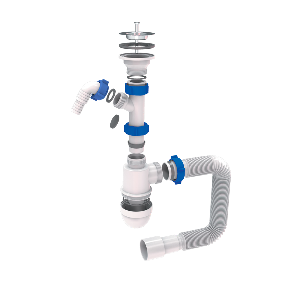 TAU Сифон для раковины с выпуском из нерж. стали выводом под стир. машину и гибким отводом 1½"× Киев - изображение 1