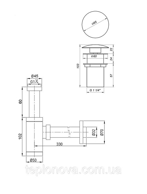 Сифон металевий із донним клапаном із переливом Globus Lux GS-32-105-03A Чернівці - фото 2