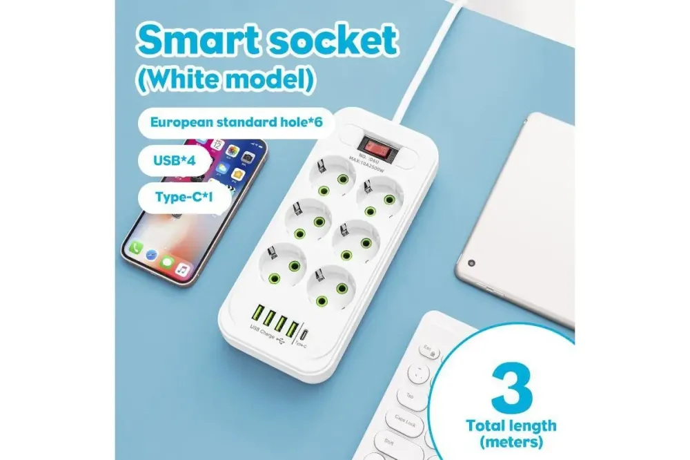Сетевой удлинитель/фильтр/разветвитель (D6) 6х220V + 4хUSB+ 1хType-C 3 метра Коломия - фото 2