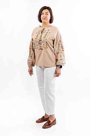Вышиванка женская  с длинным рукавом, льняная, бежевая, топ Киев