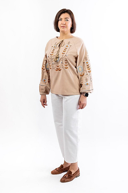 Вишинка жіноча з довгим рукавом, льняна, бежева, топ Київ - фото 3