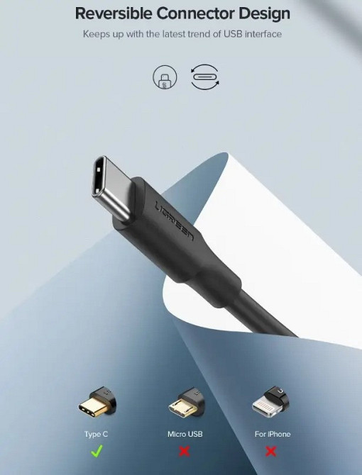 Кабель Ugreen USB 2.0 AM to Type-C US287 60826 (Черный, 3м) Миколаїв - фото 6