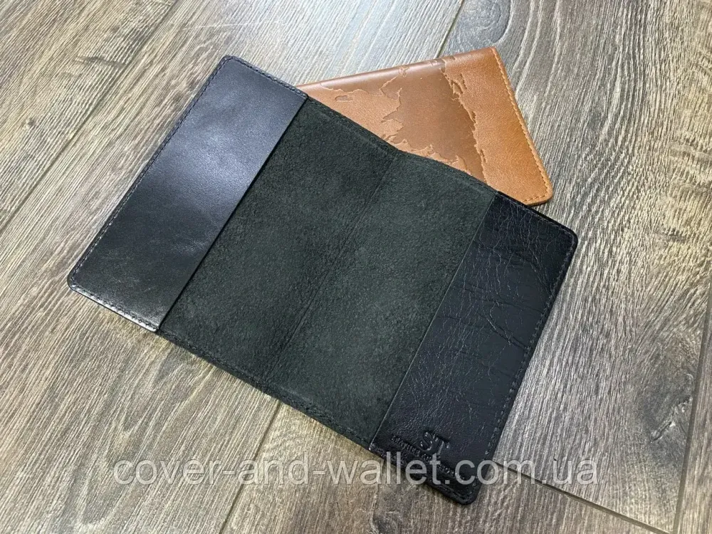 Обложка на паспорт карта мира из гладкой кожи в черном цвете ST Leather Киев - изображение 11