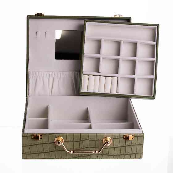 Скринька для прикрас з еко шкіри 19 відділень з дзеркалом 23.5×14×8 см Зелений HP-5-20GR Коломыя