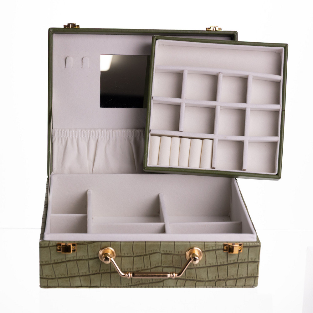 Скринька для прикрас з еко шкіри 19 відділень з дзеркалом 23.5×14×8 см Зелений HP-5-20GR Коломия - фото 4