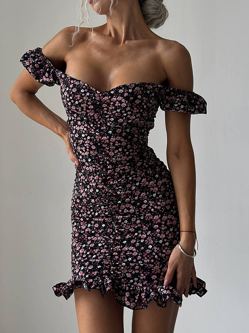 Женское легкое романтичное мини платье в цветочный принт софт Черный 2, 44/46 Одесса - изображение 1