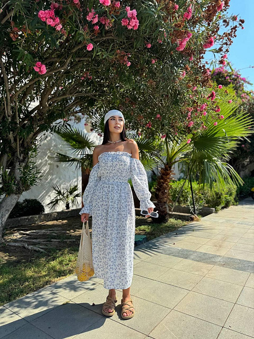 Женское летнее принтованное миди платье с разрезом натуральный муслин Одесса - изображение 2