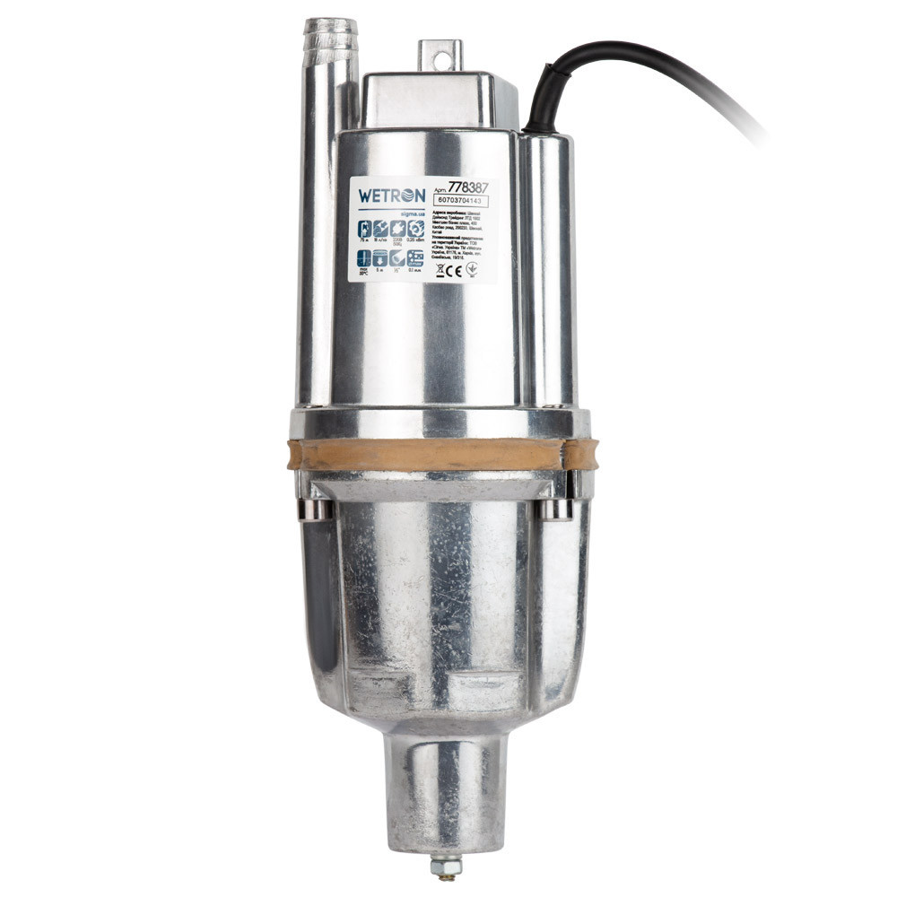 Насос вибрационный 0.25кВт H75м Q 18л/мин Ø100мм 10м кабеля нижний вход WETRON WVM60-1 (778387) Ровно - изображение 3