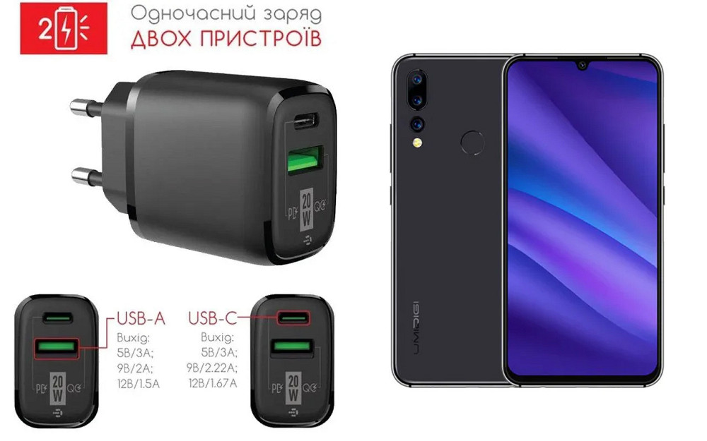 Сетевое зарядное устройство для Umidigi A5 Pro, 20W 3A, Quick Charge 3.0 Киев - изображение 1