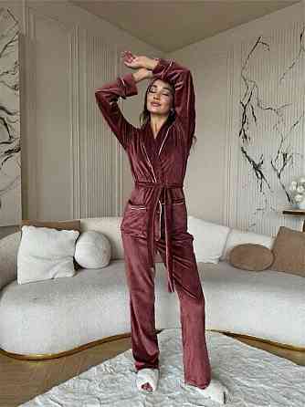 Жіноча затишна піжама: халат-кімоно, штани + пов'язка на голову велюр Какао, 42/44 Одеса