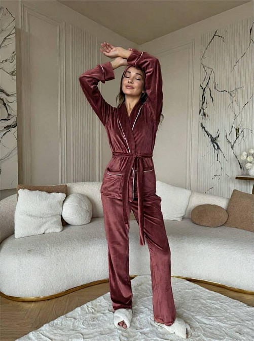 Жіноча затишна піжама: халат-кімоно, штани + пов'язка на голову велюр Какао, 42/44 Одеса - фото 4