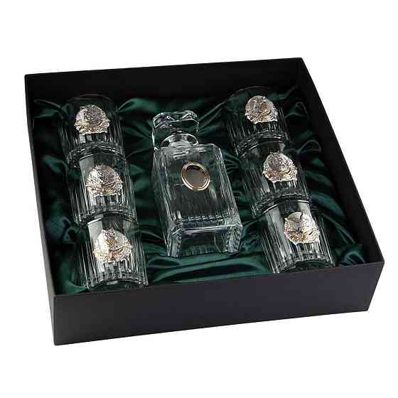 Набір для віскі «Полювання» Boss Crystal, графин та 6 келихів, платина, срібло, золото, кришталь Рівне