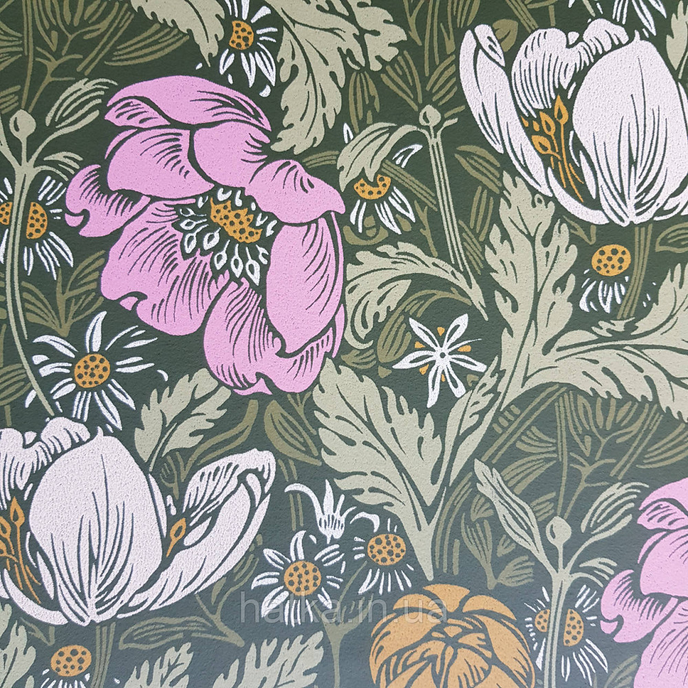 Обои флизелиновые экологически чистые Rasch Salisbury 0.53х10 цветы яркие розовые желтые бежевые на зеленом Киев - изображение 4