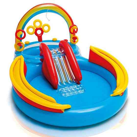 Дитячий надувний ігровий центр басейн INTEX 57453 «Веселка» 297х193х135 см з кільцями, фонтаном та гіркою Київ