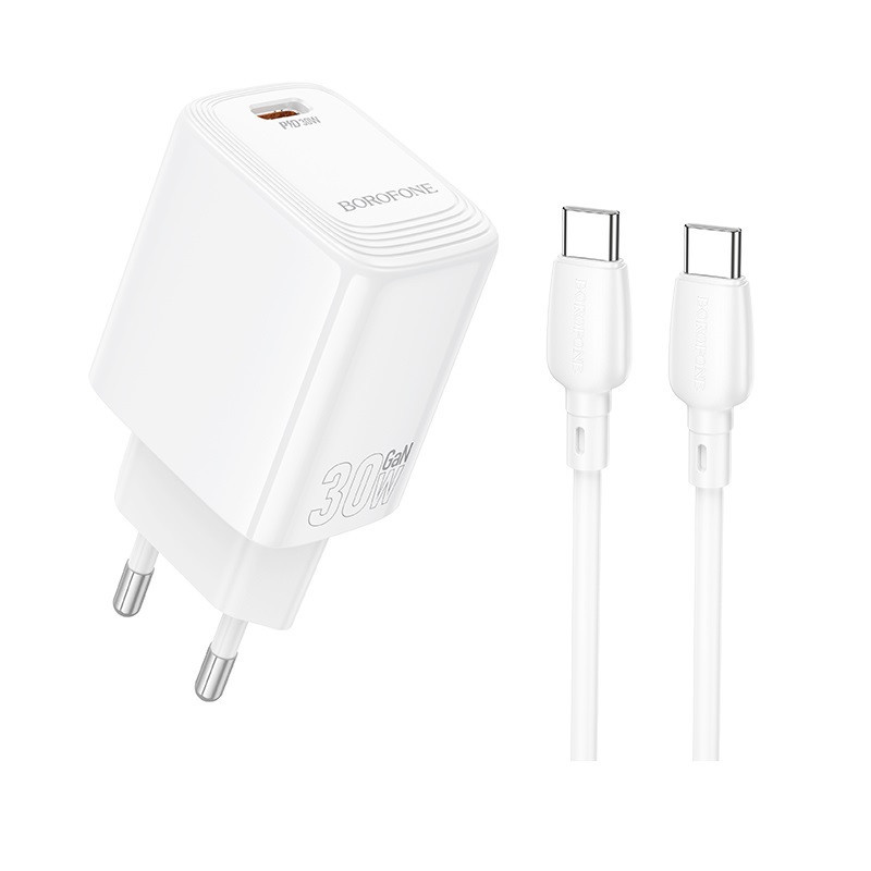 Мережевий зарядний пристрій з кабелем BOROFONE BN28 Fuente single port PD30W charger set (C to C) (EU) White Одеса - фото 1