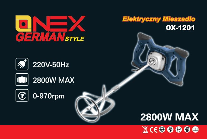 OX-1201 Будівельний міксер 2800Вт, 970 об/хв, 2 змішувачі Ø110мм для фарби, бетону, клею та розчинів Одеса - фото 2