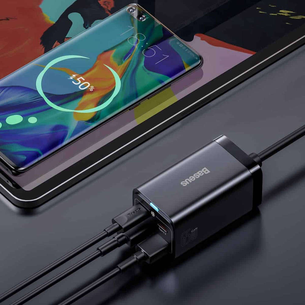 Мережевий зарядний пристрій Baseus GaN3 Pro Desktop Fast Charger 2C+2U 65W (Cable Type-C to Type-C 100W(20V/5A) 1m) Black Київ - фото 5