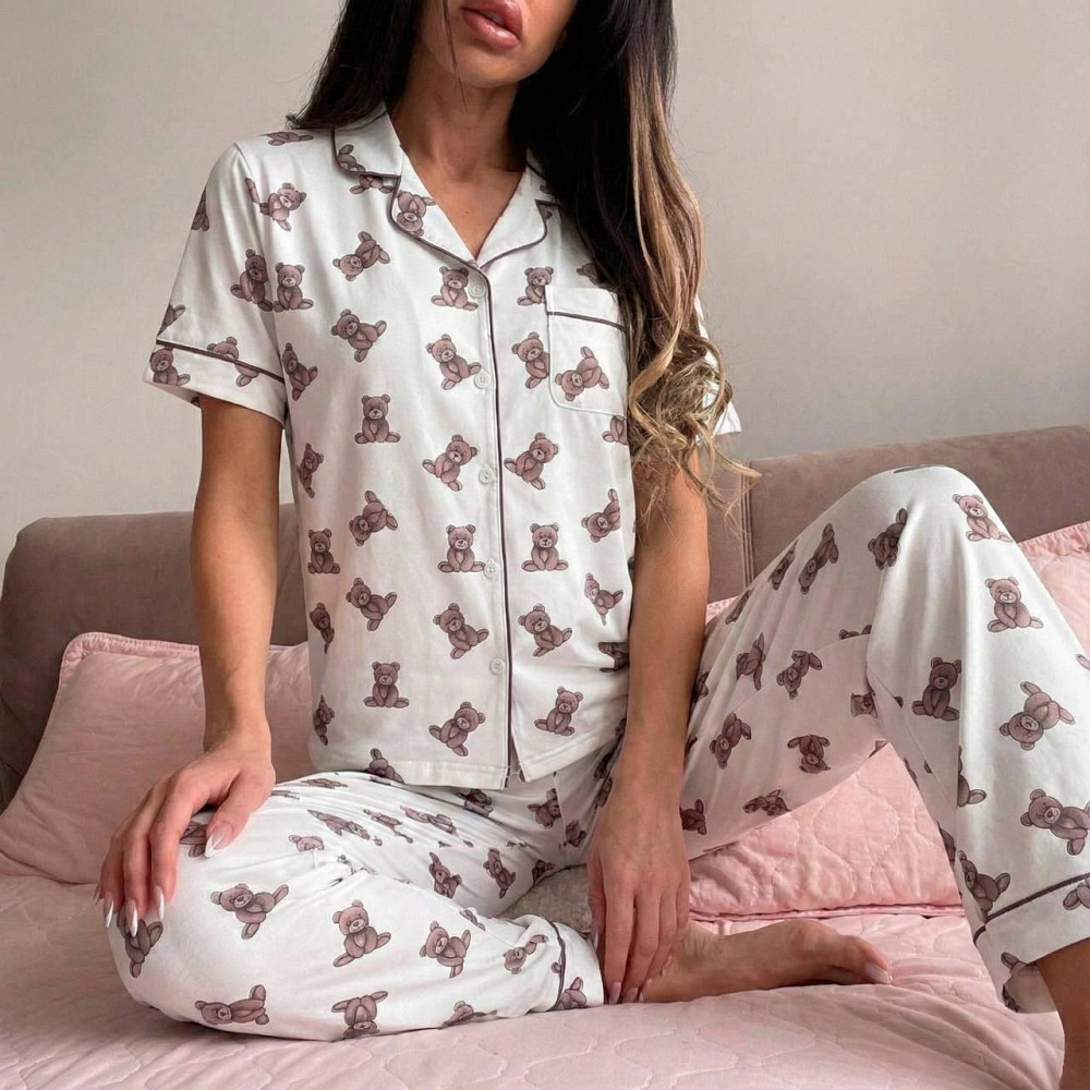 Жіноча ніжна піжама трійка з милими ведмедиками з бавовни Одеса - фото 1