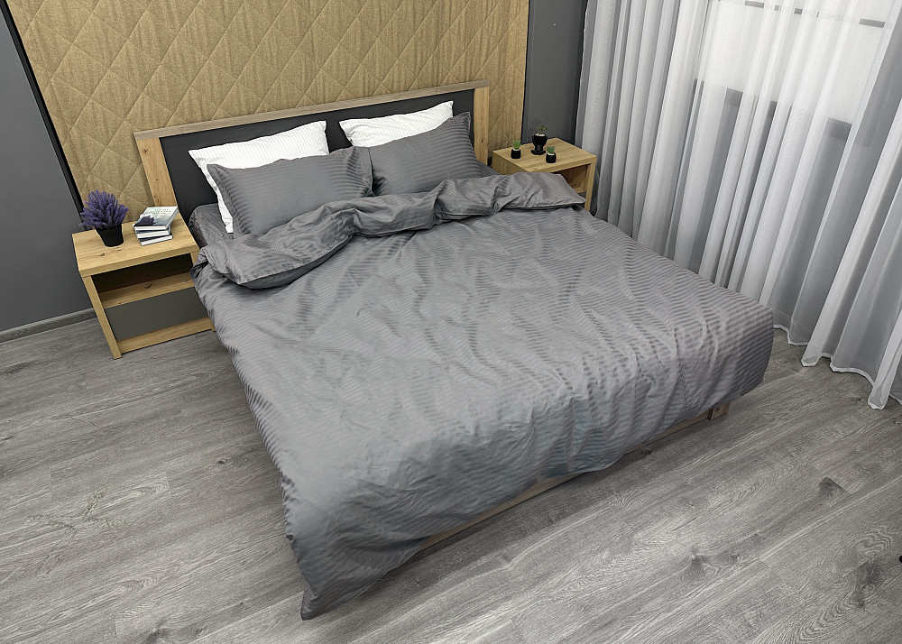 Комплект постільної білизни Страйп-сатин Сімейний з простирадлом на резинці 180х200х25, 2 підковдри 150х200, 2 наволочки 70х70 Сірий (88-224) Київ - фото 3