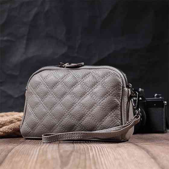 Зручна жіноча сумка прошита ромбами на лицьовій стороні з натуральної шкіри Vintage 22810 Сірий Київ