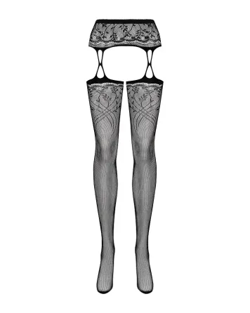 Панчохи-стокінги з рослинним малюнком Obsessive Garter stockings S206 black S/M/L чорні, імітація га Львов