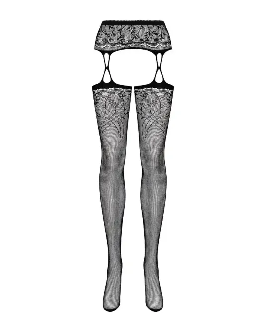 Панчохи-стокінги з рослинним малюнком Obsessive Garter stockings S206 black S/M/L чорні, імітація га Львов - изображение 5