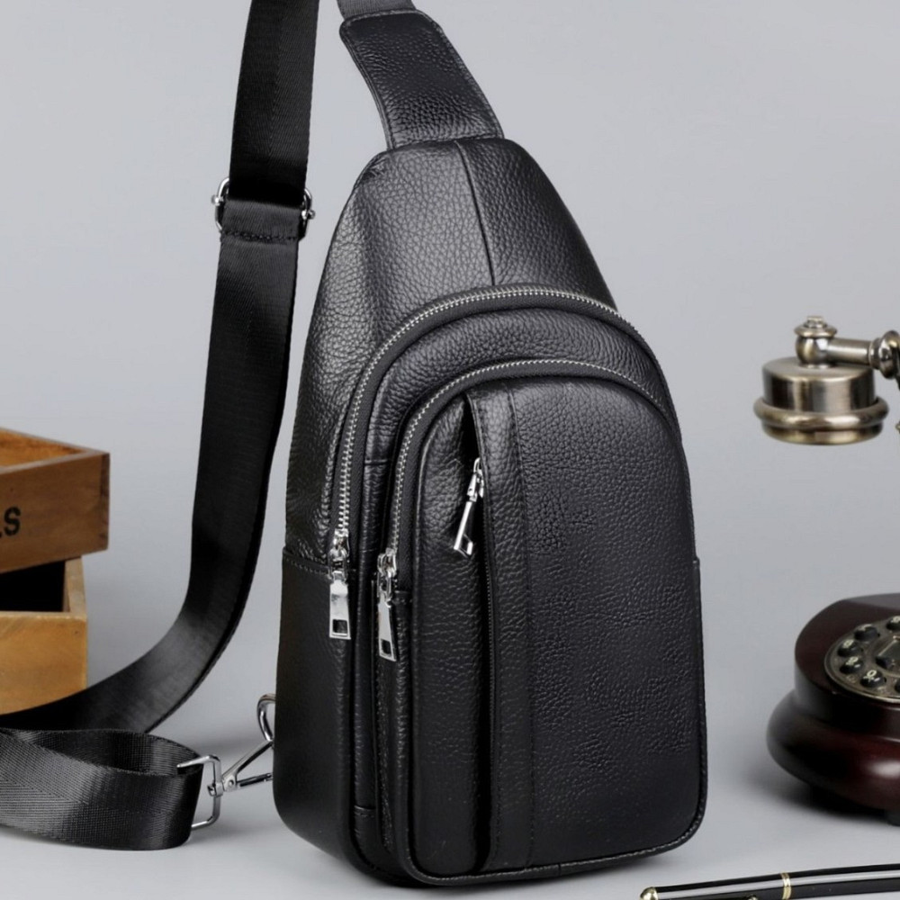 Чоловіча шкіряна сумка-бананка TIDING BAG чорна Киев - изображение 3