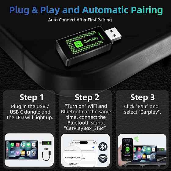 Бездротовий адаптер CarPlay Lyssiefeel, USB-A USB-C, для авто з дротовим CarPlay, карплей для iPhone Київ