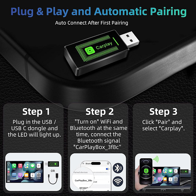 Беспроводной адаптер CarPlay Lyssiefeel, USB-A USB-C, для авто с проводным CarPlay, карплей для iPho Киев - изображение 6