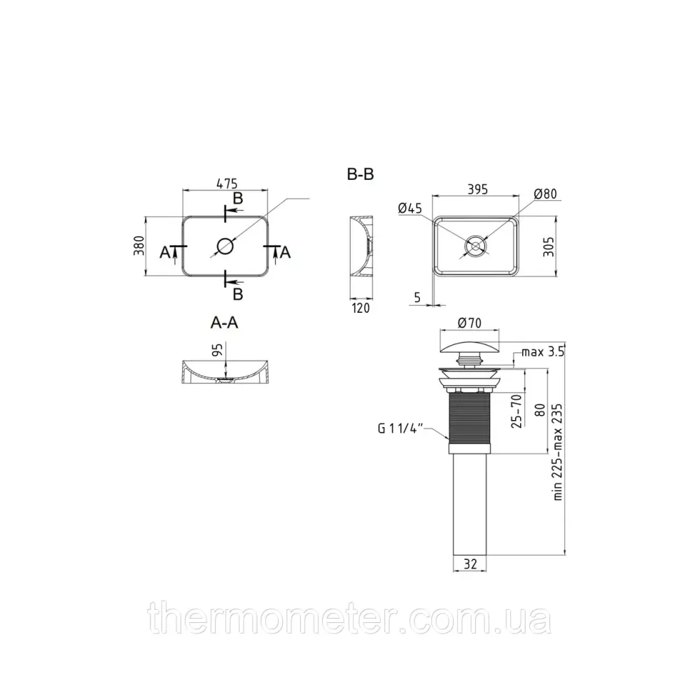 Комплект Qtap Aquarius: Раковина накладная прямоугольная 470x380x120 мм White + Донный клапан PU02 Киев - изображение 14