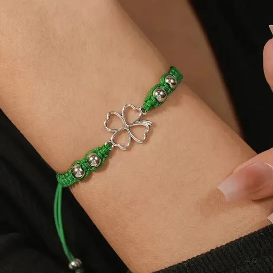 Браслет на удачу с четырёхлистником — регулируемый зелёный шнурок Киев