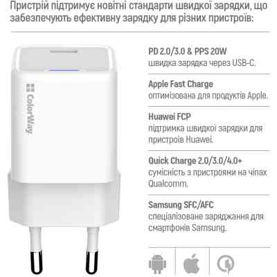 Зарядное устройство ColorWay C101D GaN Mini 20W PD PPS USB-C + cable USB-C to Lightning white (CW-CHS059PDL-WT) Винница