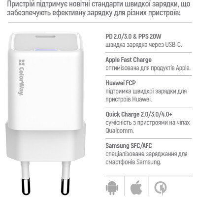 Зарядное устройство ColorWay C101D GaN Mini 20W PD PPS USB-C + cable USB-C to Lightning white (CW-CHS059PDL-WT) Винница - изображение 4