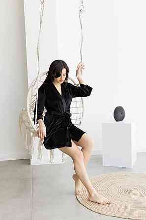 Халат жіночий плюш велюр під пояс Чорний XL Харків