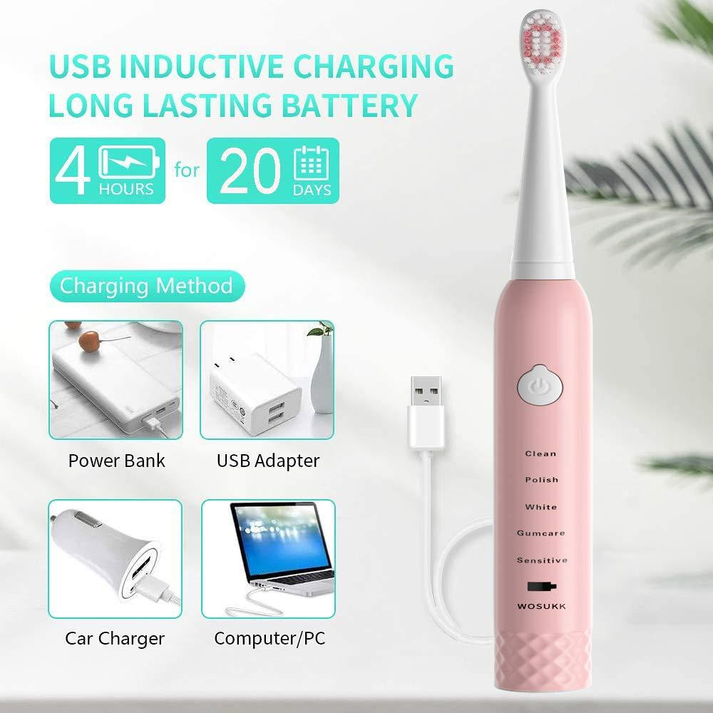 Звукова електрична зубна щітка WOSUKK Sonicare 2-in-1 Pink — Акумуляторна щітка на 5 режимів + 4 насадки Київ - фото 16