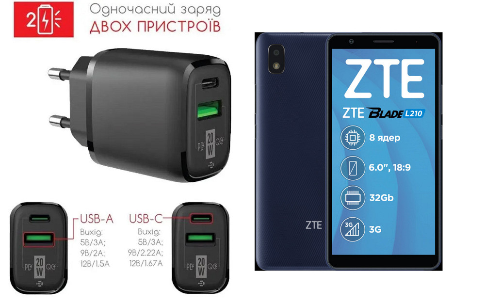 Сетевое зарядное устройство для ZTE BLADE L210, 20W 3A, Quick Charge 3.0 Киев - изображение 1