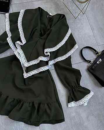 Женское романтичное платье с длинным рукавом костюмка + кружево Хаки, 44/46 Одесса