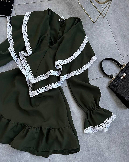 Женское романтичное платье с длинным рукавом костюмка + кружево Хаки, 44/46 Одесса - изображение 2