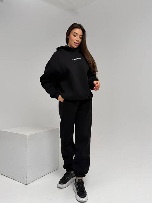 Жіночий стильний спортивний костюм-двійка: худі + штани, тринитка Пен'є на флісі турція Чорний, 46/48 Одеса - фото 4