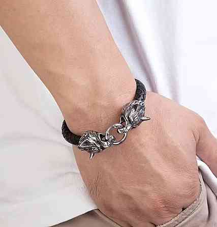 Мужской браслет с волками черный, плетеный браслет из искусственной кожи, массивный аксессуар Киев