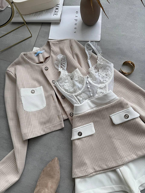 Жіночий стиглий костюм-трійка карта вовна; шорти вавілка Беж, 44/46 Одеса - фото 9