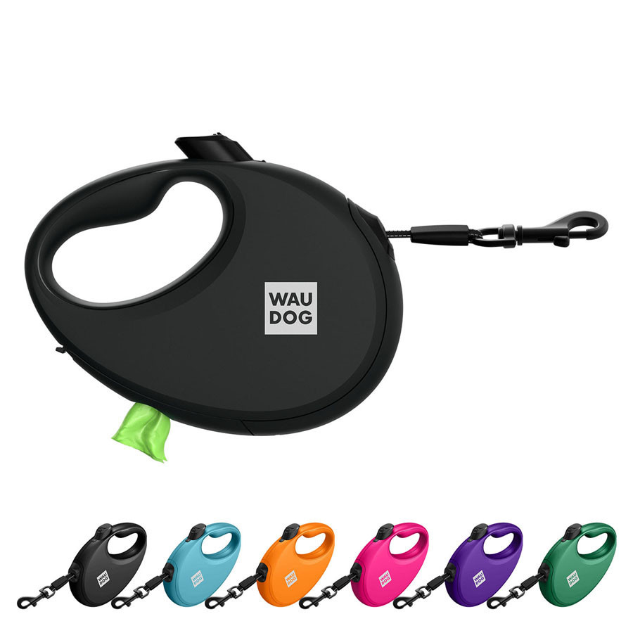 Поводок-рулетка для собак WAUDOG R-leash с контейнером для пакетов, светоотражающая лента, L, до 40 кг, 5 м, черный Киев - изображение 1